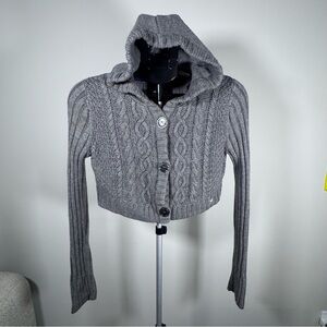 aerie Gray Cable-Knit Hooded Button-Front Cardigan